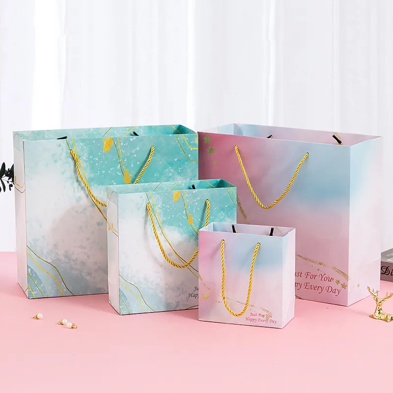 Gradient Marble Gift Bag Thick Cardboard Handbag With Gold Stamped Letters And Twisted Rope Handle For Wedding Birthday