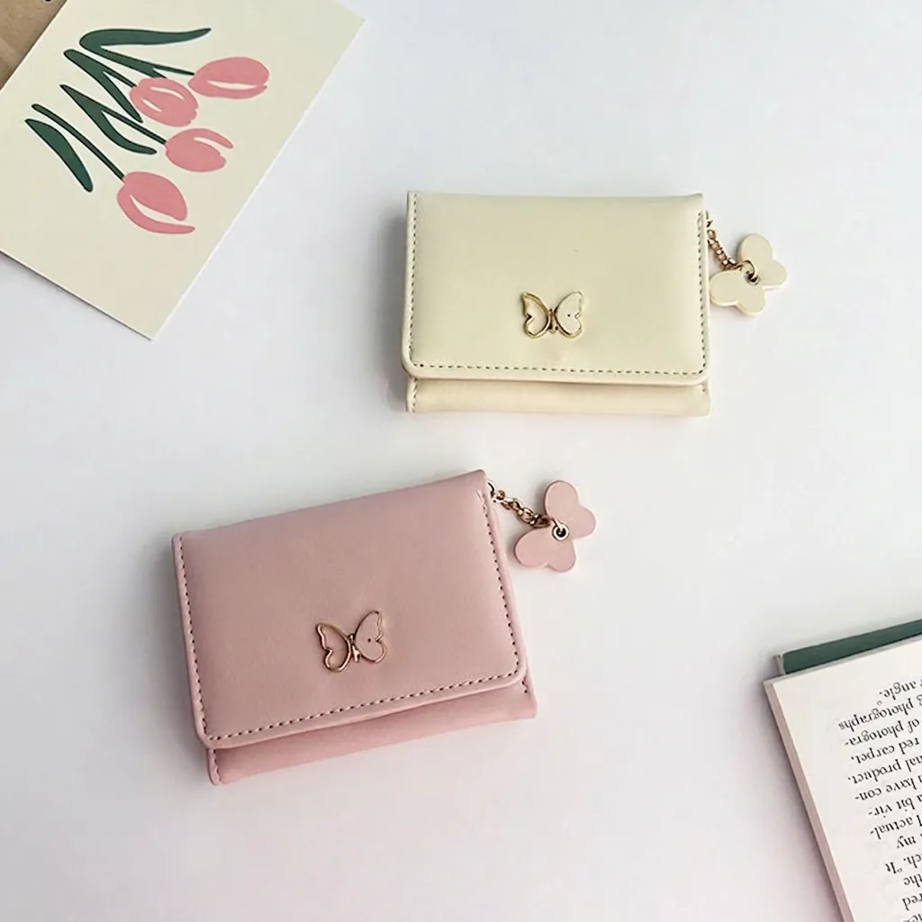 Women Small Wallet PU Leather Butterfly Decor Tri Fold Multi Card Slots Sweet Cute Coin Purse With Charm