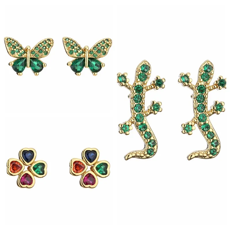 Kupfer Zirkonia Ohrringe Bunt Tier Schmetterling Eidechse Kleeblatt Liebe Herz Mode Schmuck Für Damen