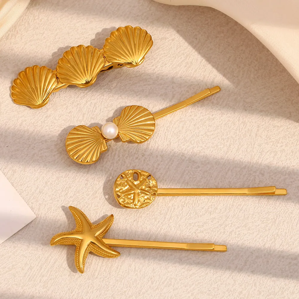 Ocean Theme Hair Clip Stainless Steel 18K Gold Plated Starfish Scallop Shell Artificial Pearl For Women Fashion Accessories