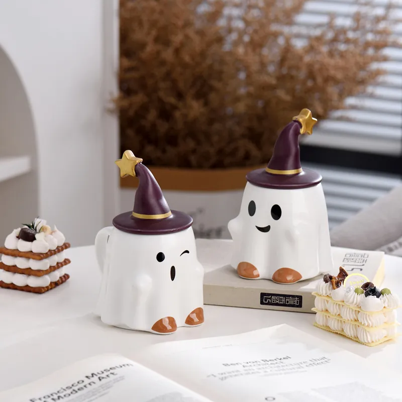 Halloween Ghost Ceramic Mug With Witch Hat Lid And Star Spoon Cute Cartoon Gradient Color Coffee Cup Gift