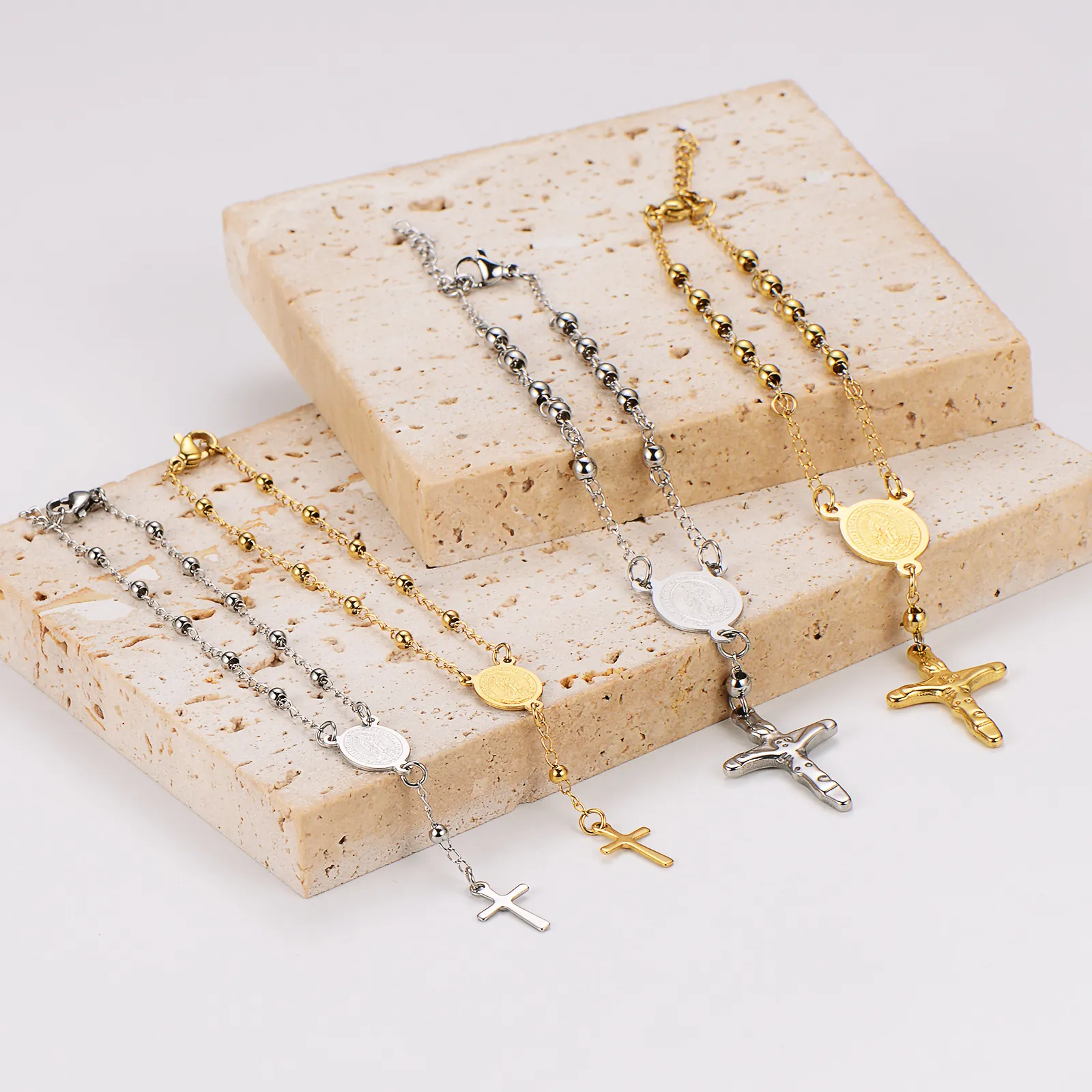 Cross Pendant Bracelet 18K Gold Plated Stainless Steel Religious Virgin Mary Medal Bead Chain For Men And Women Jewelry