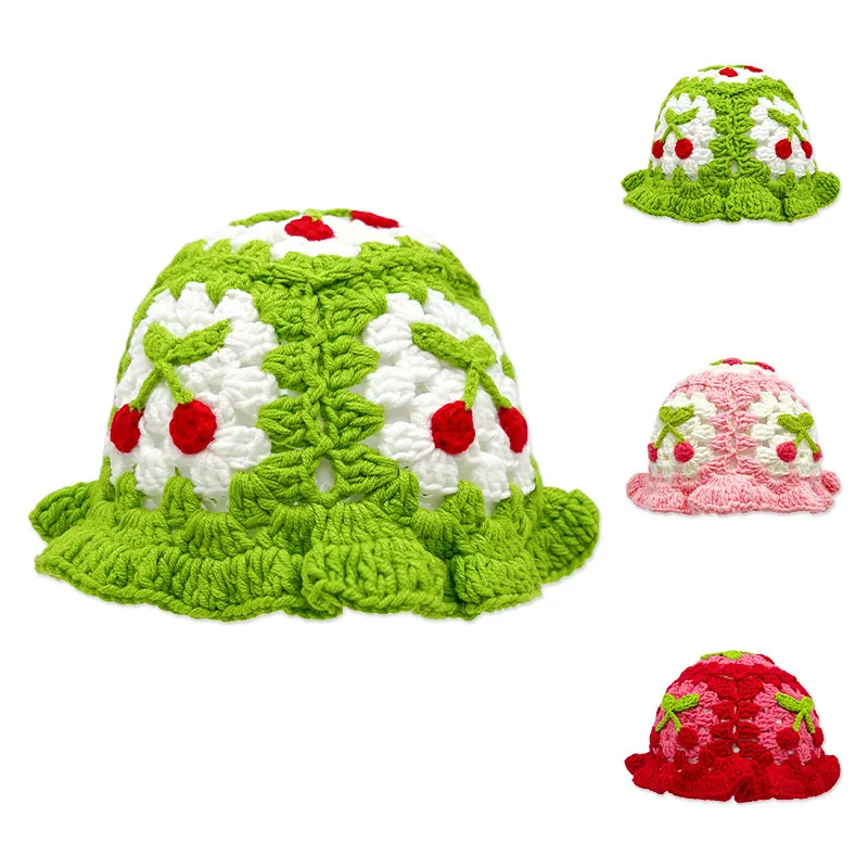 Handmade Crochet Kids Bucket Hat Cotton Knit Cherry Decor Ruffled Brim Sun Protection Hat For Girls Boys