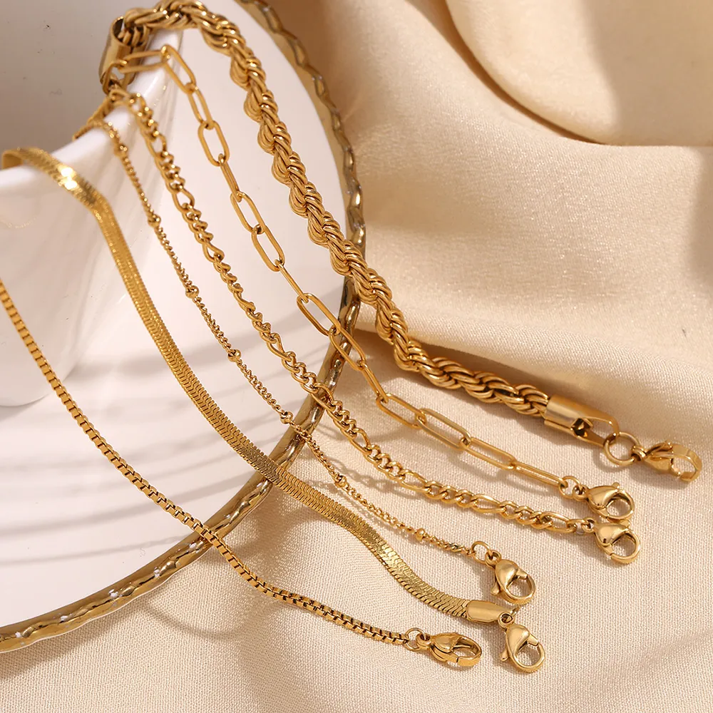 Minimalist Stainless Steel 18K Gold Plated Bracelet For Women Figaro Paperclip Snake Rope Box Bead Chain Adjustable Jewelry Gift