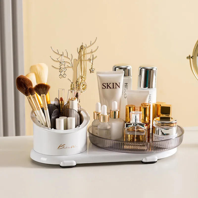 Rotating Makeup Organizer Box With Jewelry Tree Acrylic Plastic Cosmetic Storage Rack For Vanity Desktop Lipsticks Brushes