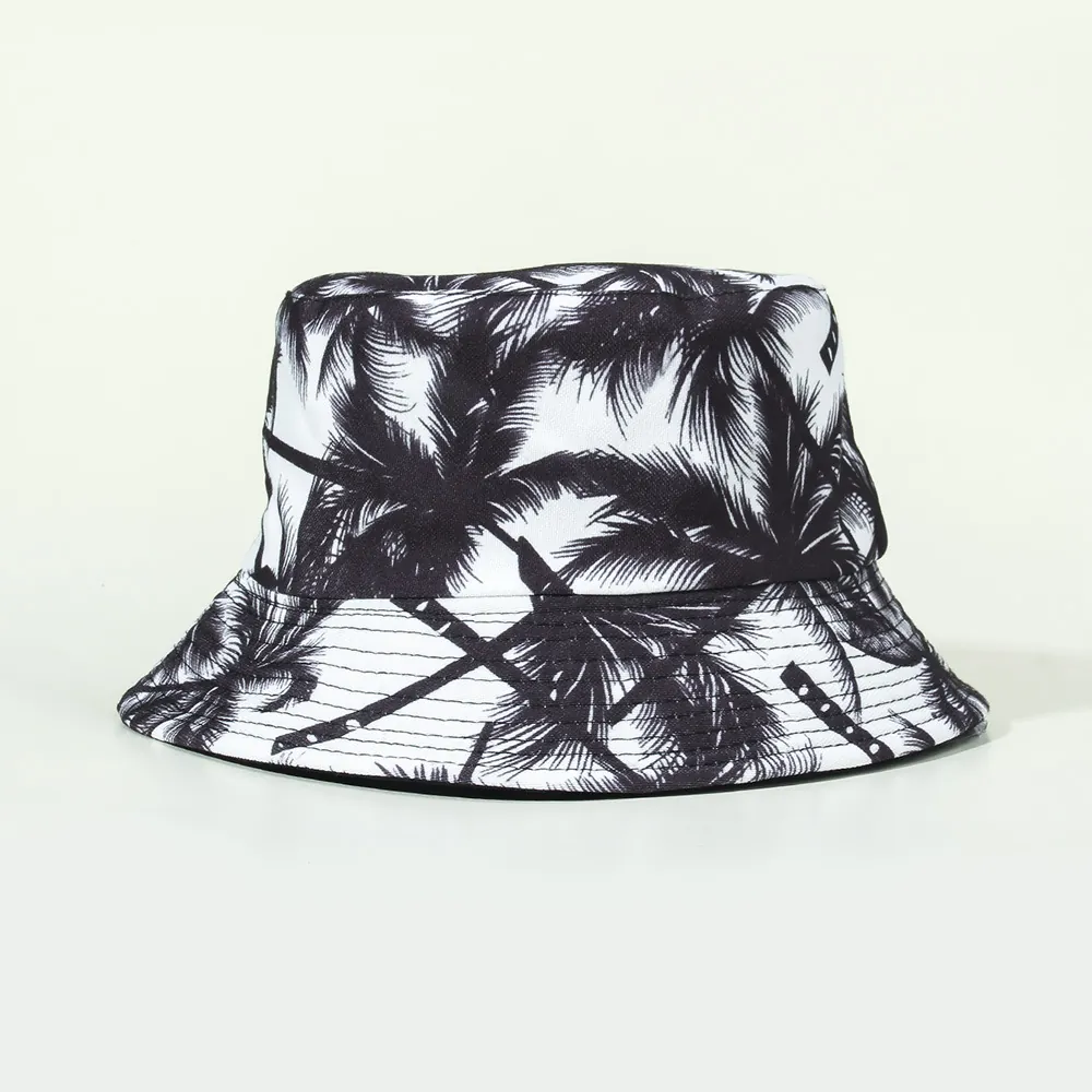Chapeau Bob Réversible Coton Toile Imprimé Palmier Style Harajuku Protection Solaire Vacances