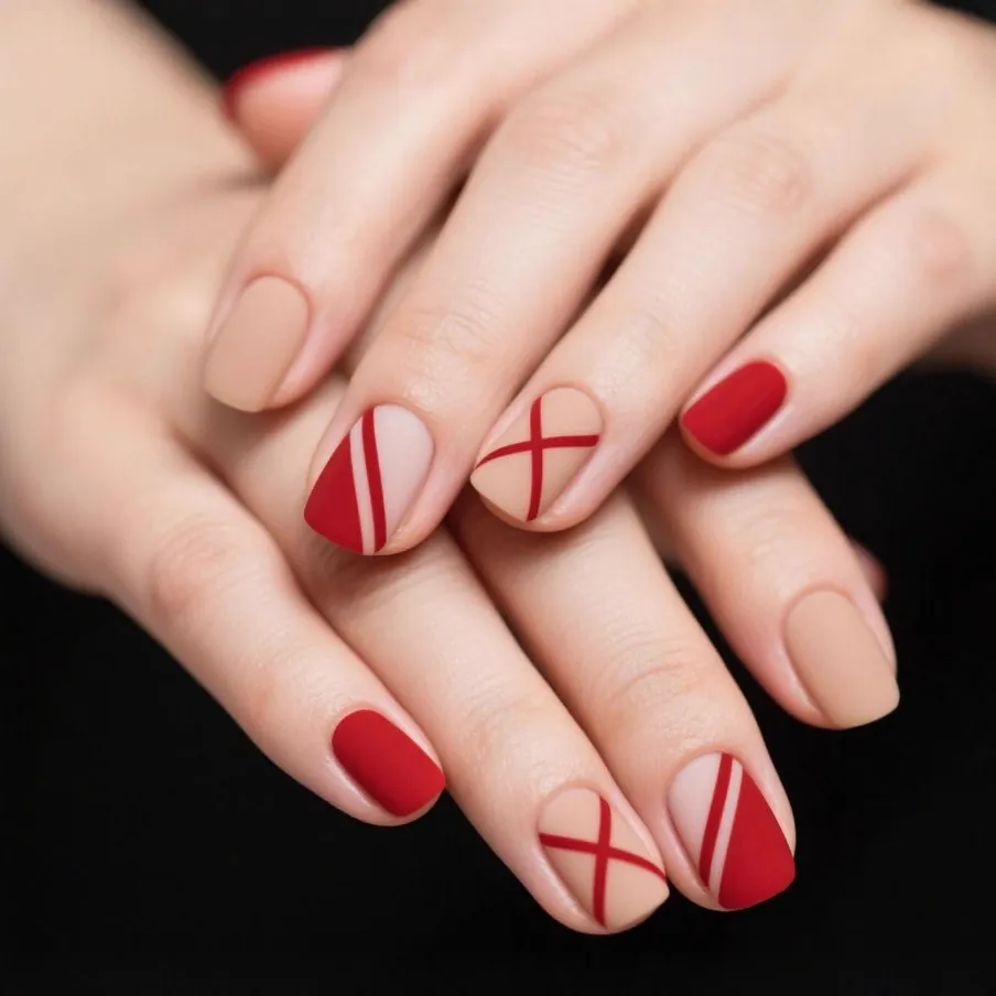 Faux Ongles À Presser Carrés Courts Rouge Vin Mat Style Plaid Géométrique Nude Élégants Pour Femmes