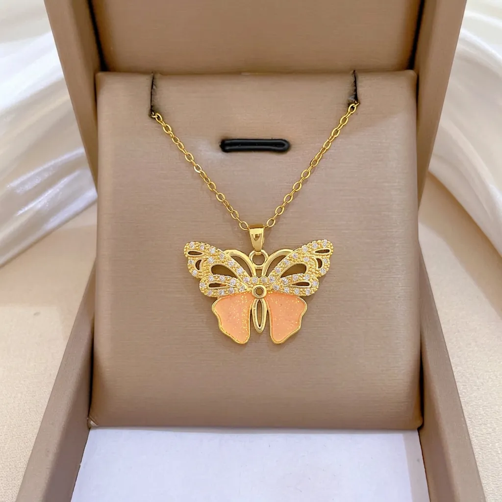 Butterfly Pendant Necklace Stainless Steel Chain Copper Rhinestone Enamel Glitter Elegant Clavicle Chain For Women