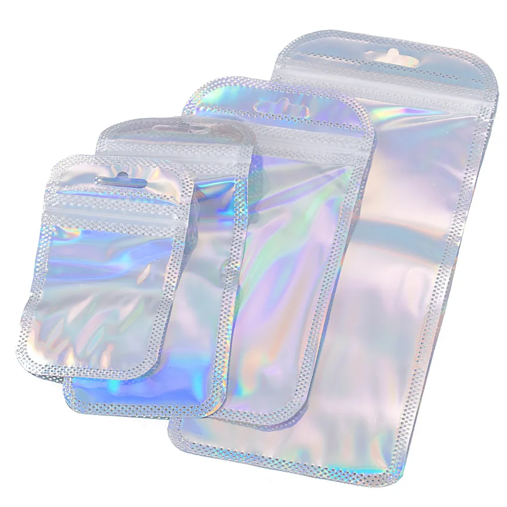 Holographic Laser Resealable Packaging Bags Plastic Aluminum Film Zip Lock Self Sealing Jewelry Storage Pouch With Hanging Hole