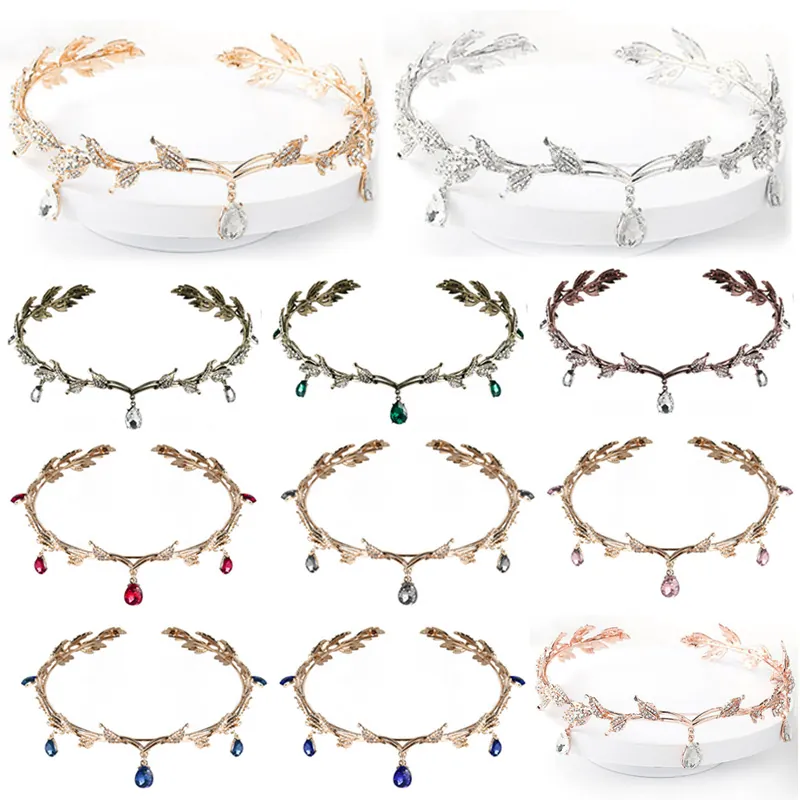 Elegant Leaf Branch Tiara Alloy Rhinestone Crown With Water Drop Crystal Pendants Bridal Wedding Hair Decor For Women
