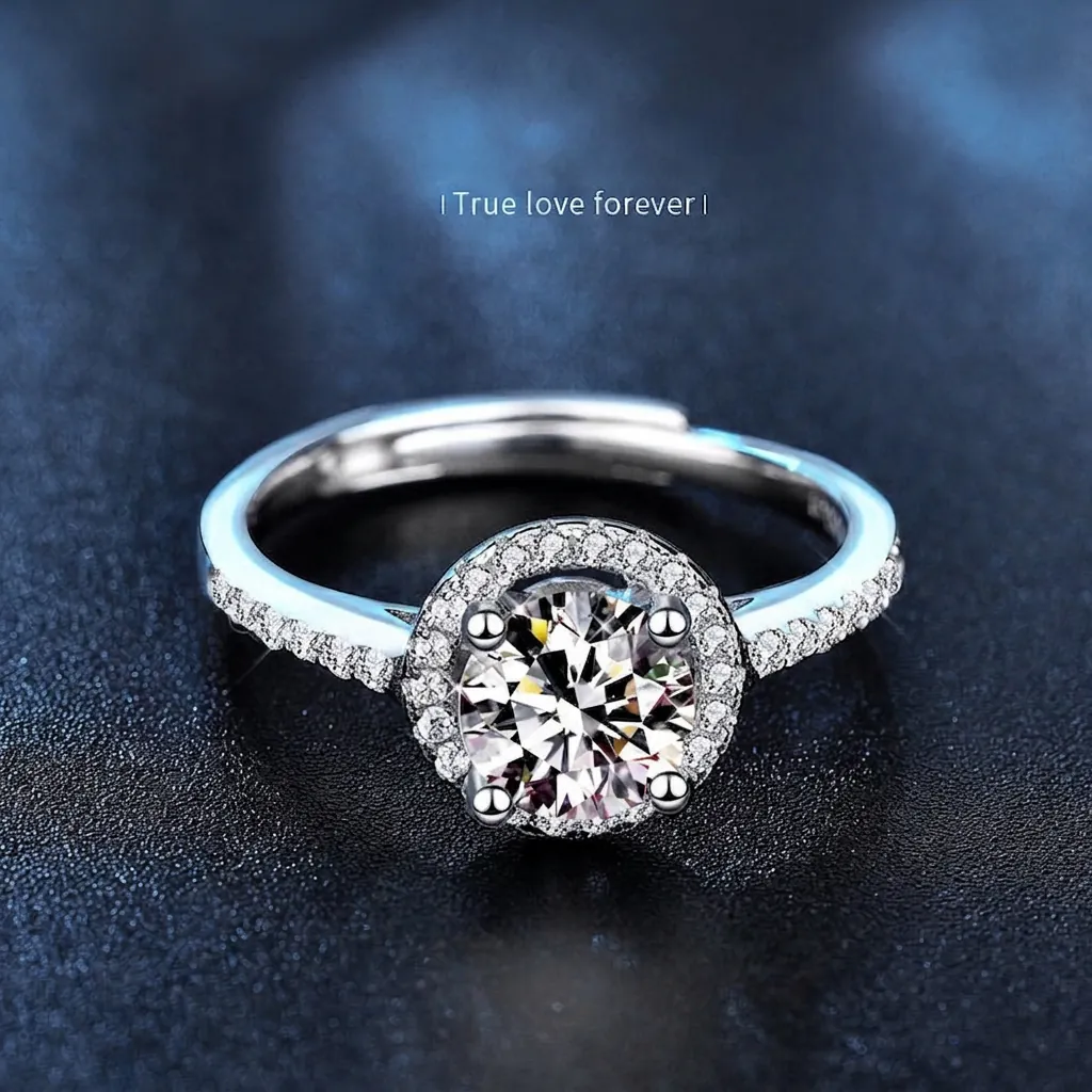 925 Sterling Silver Moissanite Ring For Women Classic Round Cut Halo Adjustable Sparkling Engagement Wedding Finger Ring Jewelry