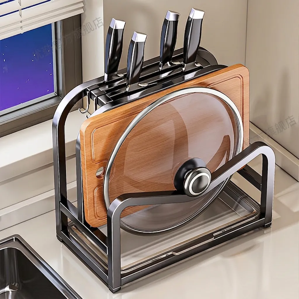 Carbon Steel Multi-Functional Kitchen Knife Holder And Cutting Board Pot Lid Rack With Drip Tray Countertop Organizer