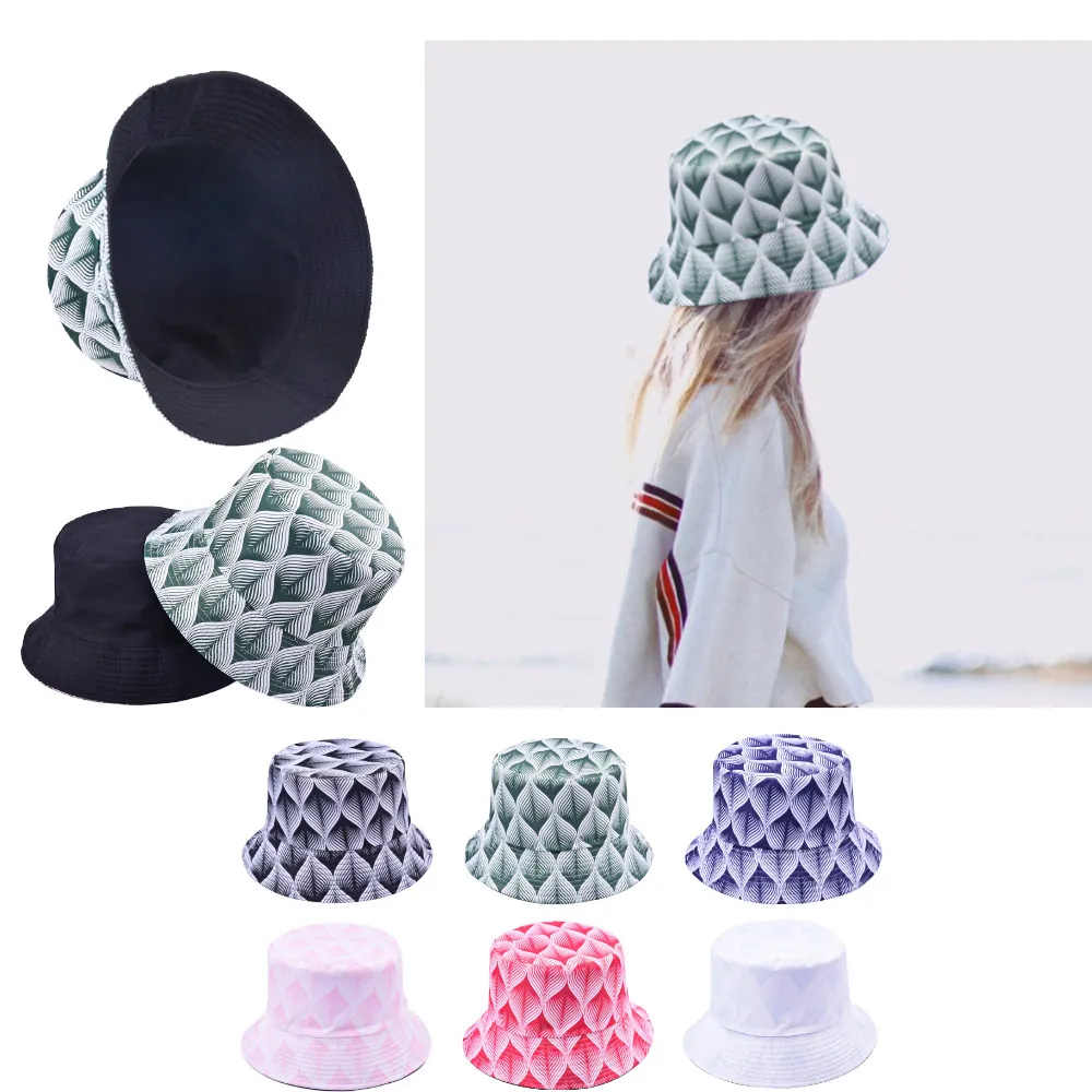 Washed Cotton Reversible Bucket Hat Leaf Print Wide Brim Sun Protection Outdoor Beach Vacation Casual Sun Hat Unisex