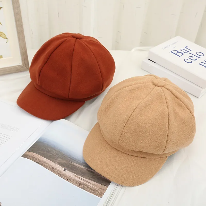 Retro British Style Women Polyester Newsboy Cap Solid Color Octagonal Hat Winter Warm Beret Cap For Ladies Fashion Accessories