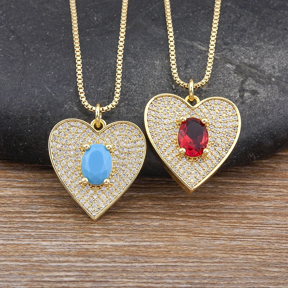 Fashion Vintage Heart Pendant Necklace For Women Copper Gold Plated Zirconia Inlay Clavicle Chain Jewelry Gift