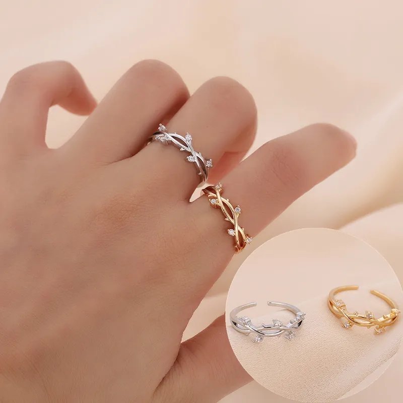 Verstellbarer Zweig Reben Ring Kupfer Zirkonia Offen Minimalistisch Natur Inspiriert Schmuck Damen