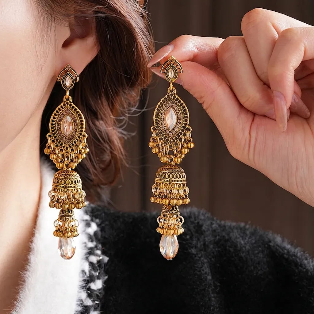 Boucles D Oreilles Jhumka Ethniques Rétro Avec Alliage Strass Cristal Künstliche Perle Et Tige En Argent Pour Femmes Style Boho