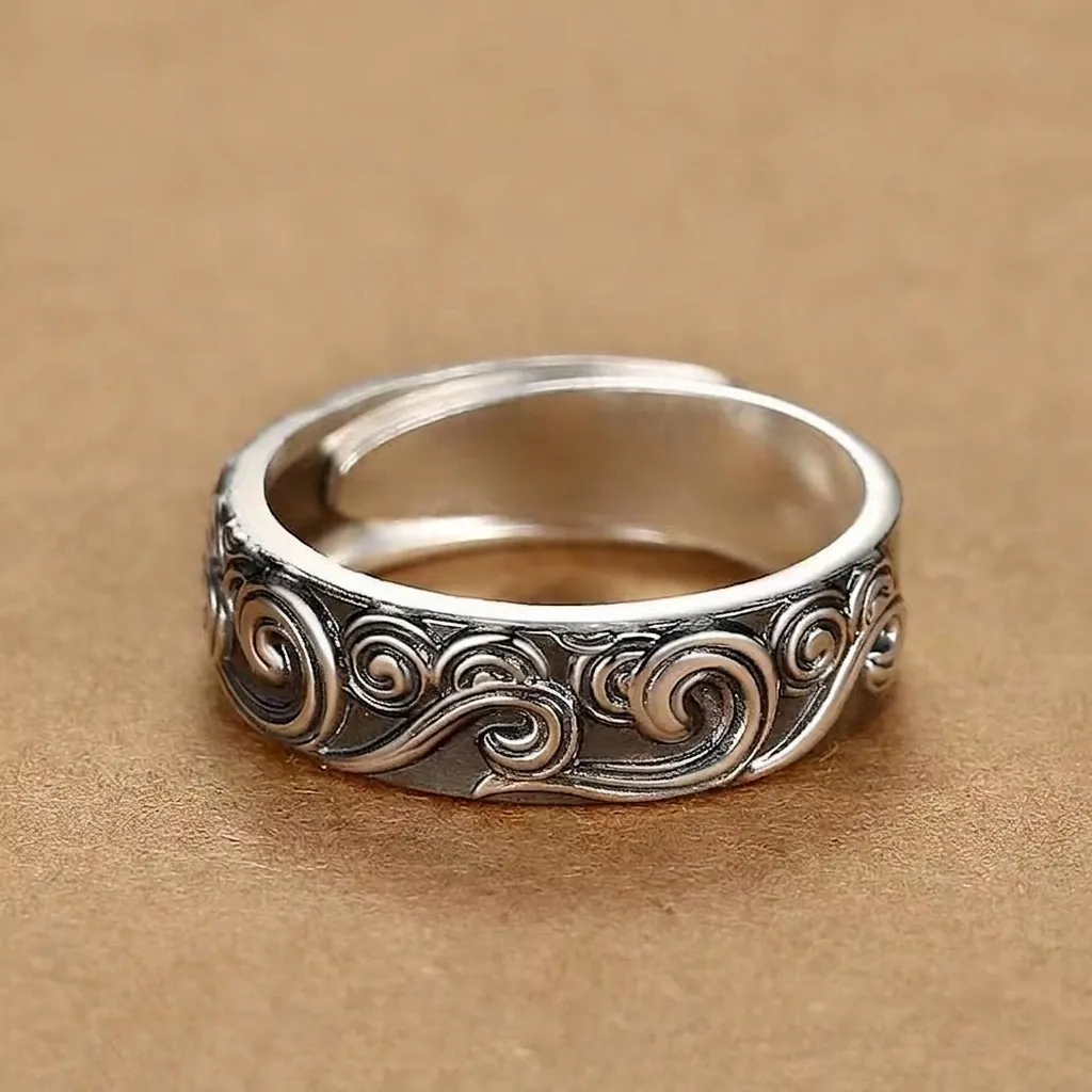 Vintage 925 Sterling Silver Open Ring Carved Cloud Pattern Gothic Punk Adjustable Finger Jewelry For Men Women