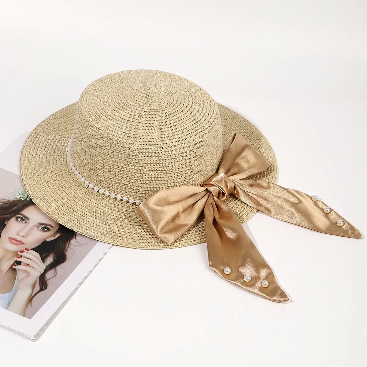 Elegant Boater Straw Hat With Large Satin Bow And Artificial Pearl Chain Flat Top Summer Beach Wide Brim Sun Hat For Women