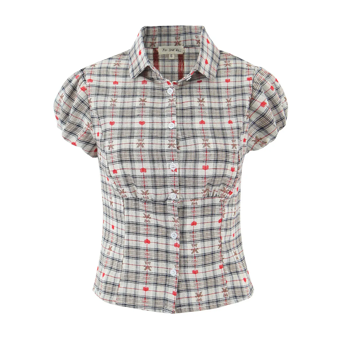 Plaid Short Sleeve Blouse For Women Polyester Retro Puff Sleeve Shirt With Heart And Bear Print Button Down Sweet Lapel Top