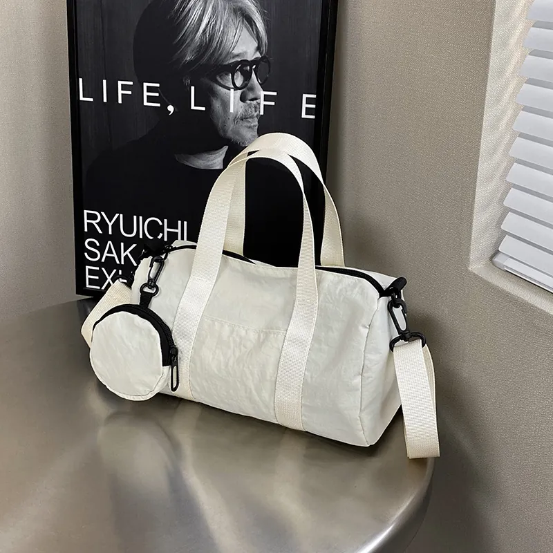 Casual Nylon Boston Crossbody Bag Lightweight Minimalist Cylindrical Handbag With Round Coin Purse For Women