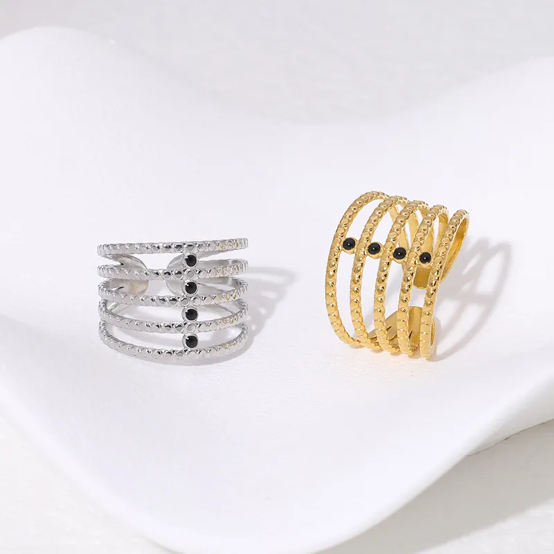 Multilayer Open Ring Stainless Steel 18K Gold Plated Black Beads Adjustable Geometric Minimalist Fashion Women