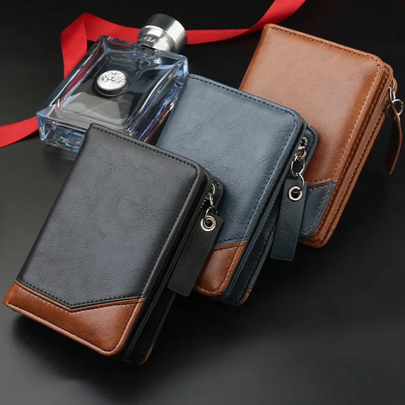 Men Short Bifold Wallet PU Leather Vintage Patchwork Card Slots Zipper Coin Pocket Business Casual