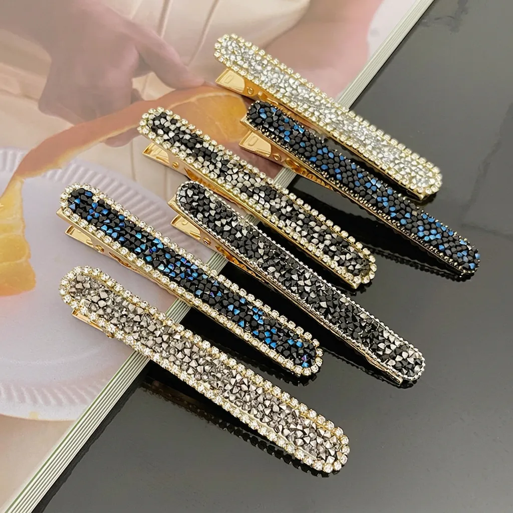 Rhinestone Hair Clip Barrette Long Alloy Duckbill Side Bangs Fashion Shiny Decorative Hairpin For Women Girls