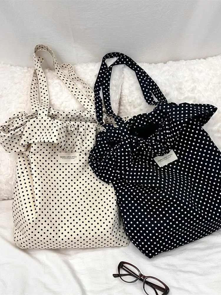 Polka Dot Canvas Tote Shoulder Bag With Ruffle Trim Large Capacity Large Handbag For Women Student Casual Commute