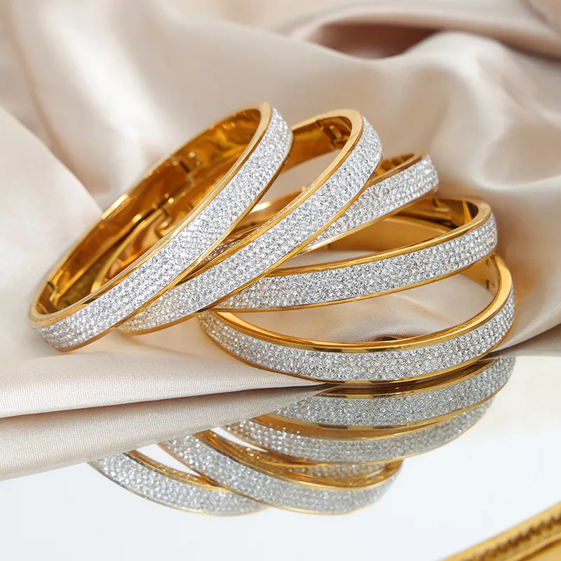 Titanium Steel Full Rhinestone Bangle For Women Luxury Electroplated Gold Starry Buckle Bracelet Elegant Fashion Jewelry Wristband
