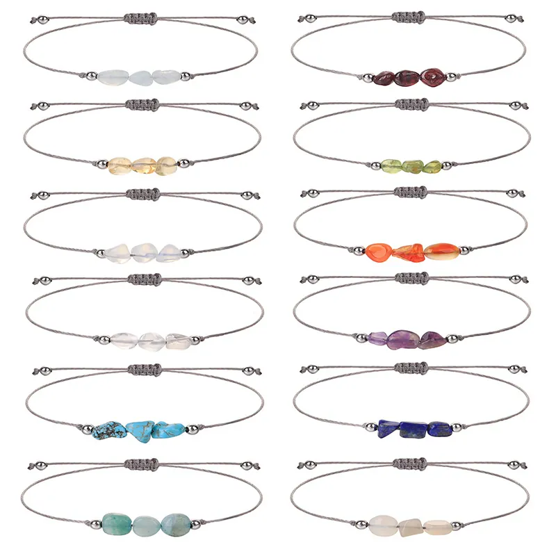 Natural Stone Chip Birthstone Bracelet Adjustable Handmade Braided Rope Healing Gemstone Gift For Women Jewelry