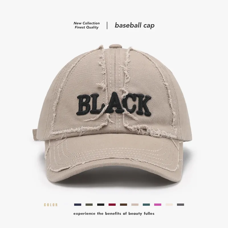 Washed Cotton Baseball Cap With Black Letter Embroidery Distressed Ragged Edge Vintage Adjustable Outdoor Sun Hat