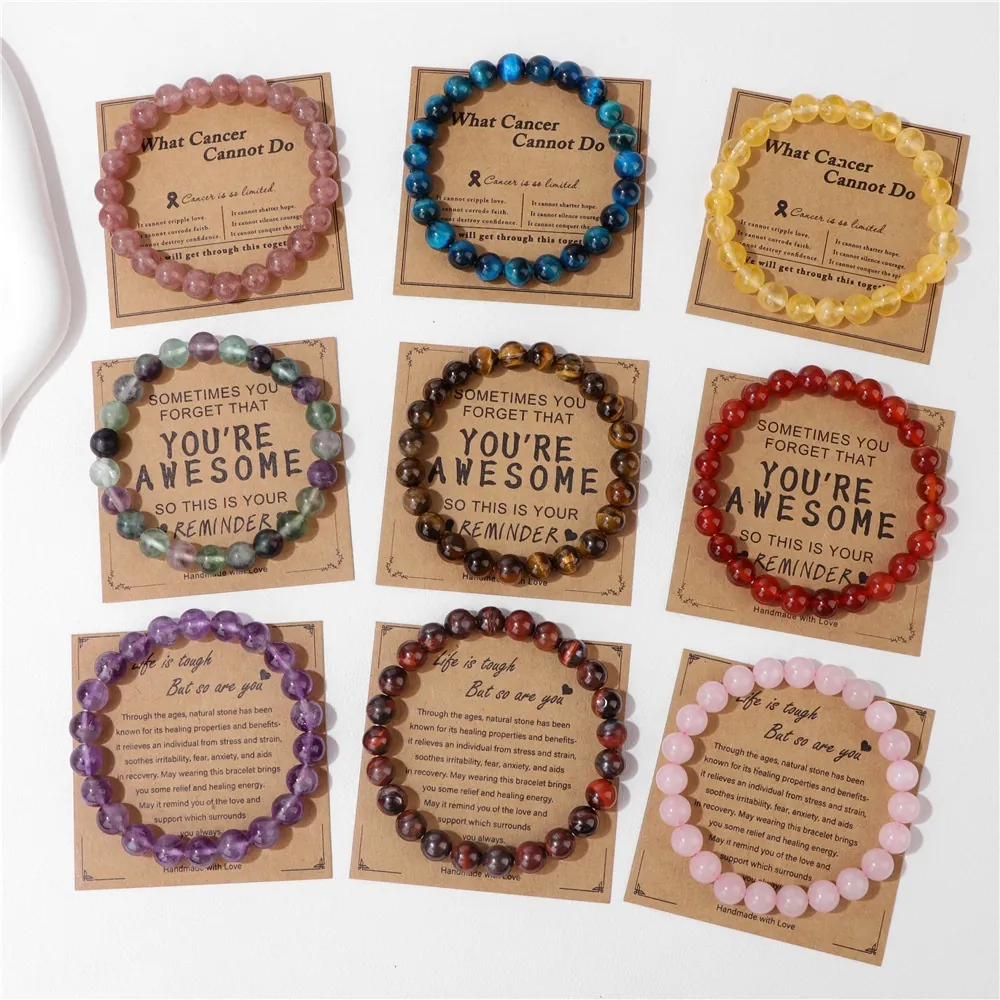 Natural Stone Bead Bracelet Handmade Elastic With Inspirational Message Card Gift For Men And Women