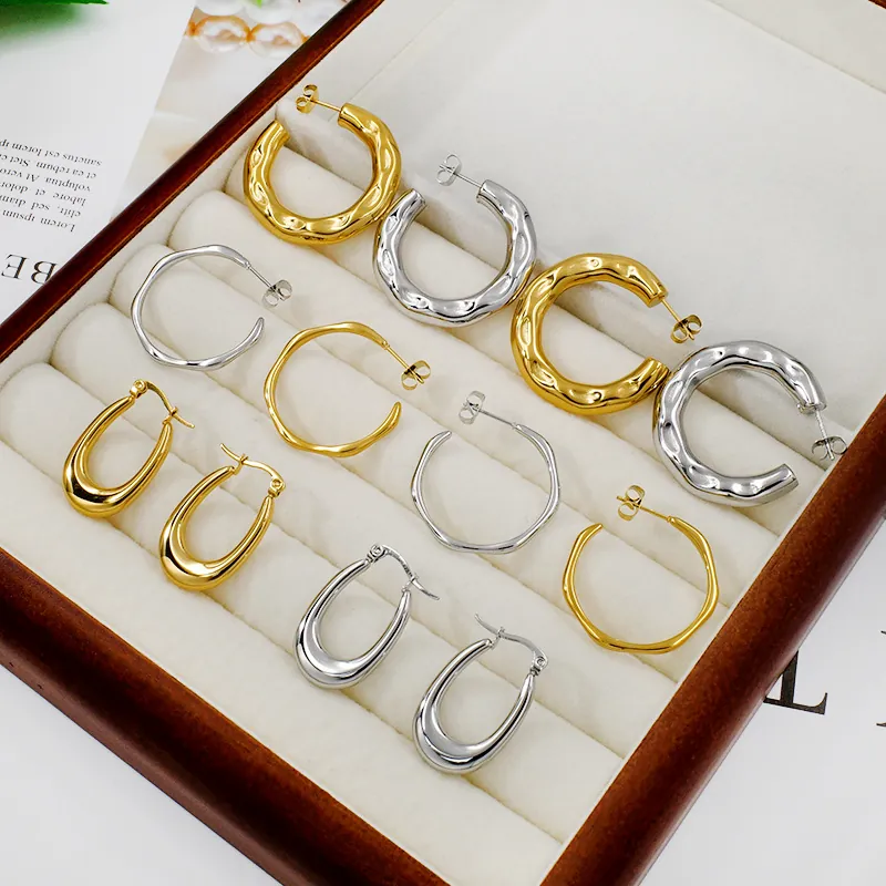 Minimalist Stainless Steel Hoop Earrings For Women Geometric U-Shaped Wave Hammered Texture Gold Silver Plated Fashion Jewelry