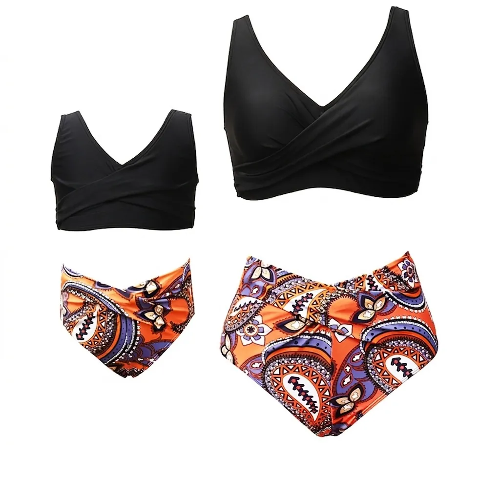 Mother Daughter Family Matching Swimsuit Bikini Top And High Waist Bottom Paisley Floral Tropical Leaf Print Bathing Suit