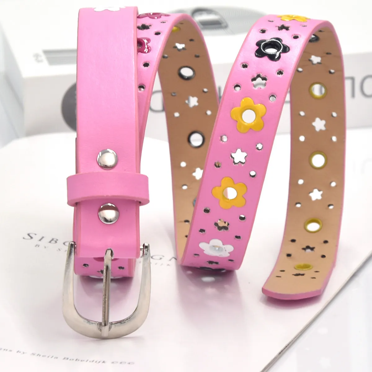 Women Girls PU Leather Belt Hollow Flower Star Colorful Grommets Alloy Pin Buckle Sweet Casual Waistband