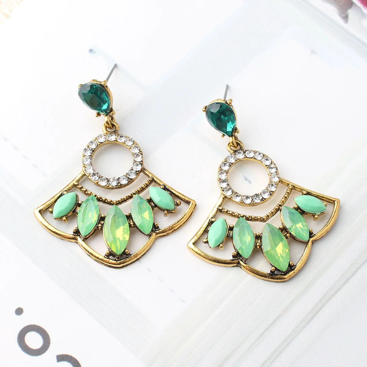 Vintage Bohemian Fan Shaped Dangle Earrings Alloy Rhinestone Artificial Gemstone Geometric Retro Style Women Jewelry