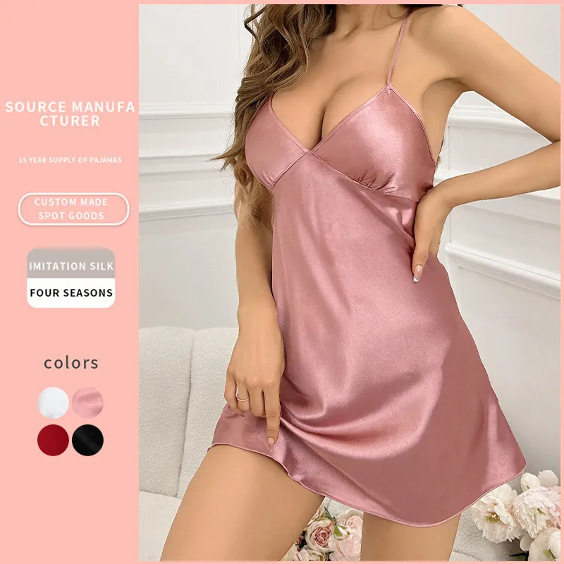 Nuisette Femme En Imitation Satin Satin Col En V Dos Nu Vêtements De Nuit Respirant Homewear Confortable Pour La Maison
