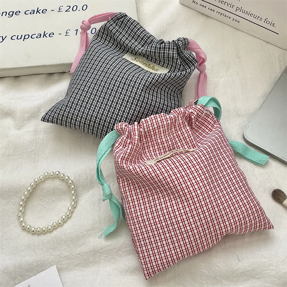 Small Gingham Drawstring Pouch Cotton Fabric Mini Portable Cosmetic Bag Jewelry Storage Grid Travel Makeup Organizer