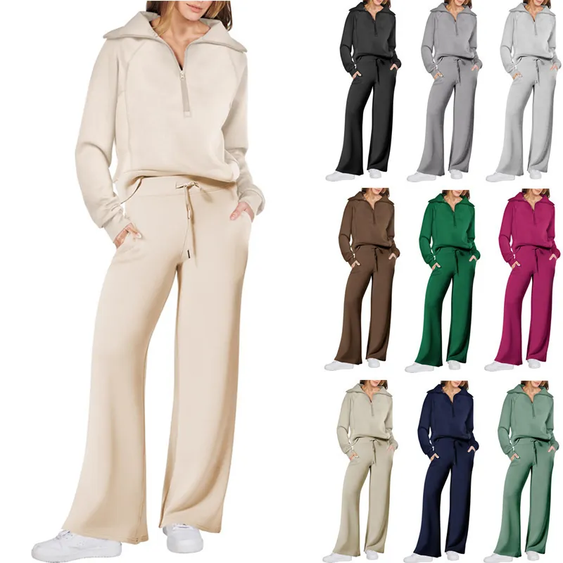 Completo Casual da Donna in Poliestere a Due Pezzi Felpa a Maniche Lunghe con Mezza Zip e Pantaloni a Gamba Larga Tuta Sportiva