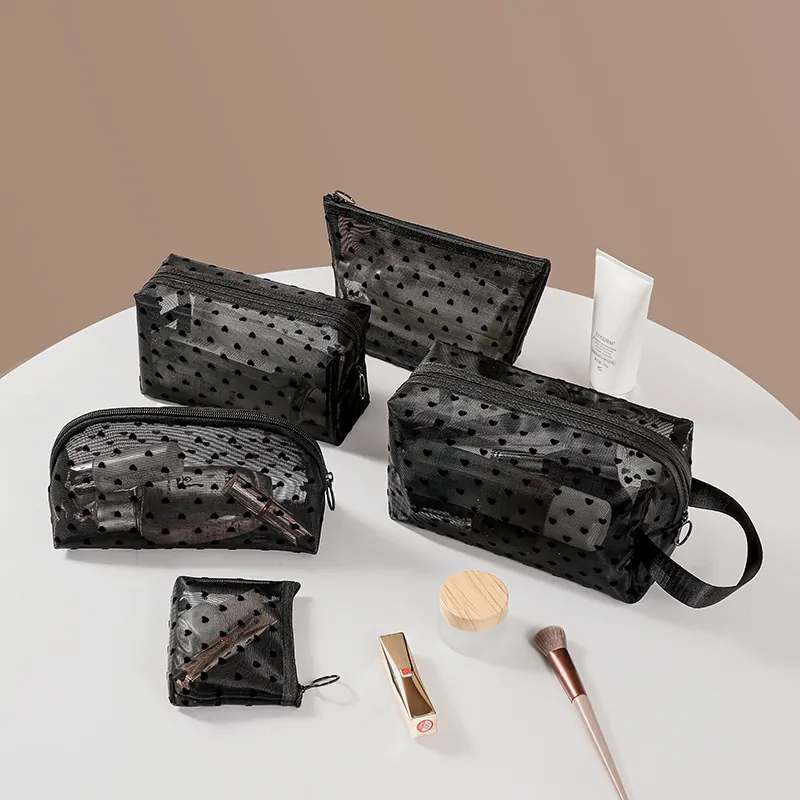 Heart Print Mesh Makeup Bag Transparent Zippered Cosmetic Pouch Travel Storage Organizer Lightweight Portable For Women