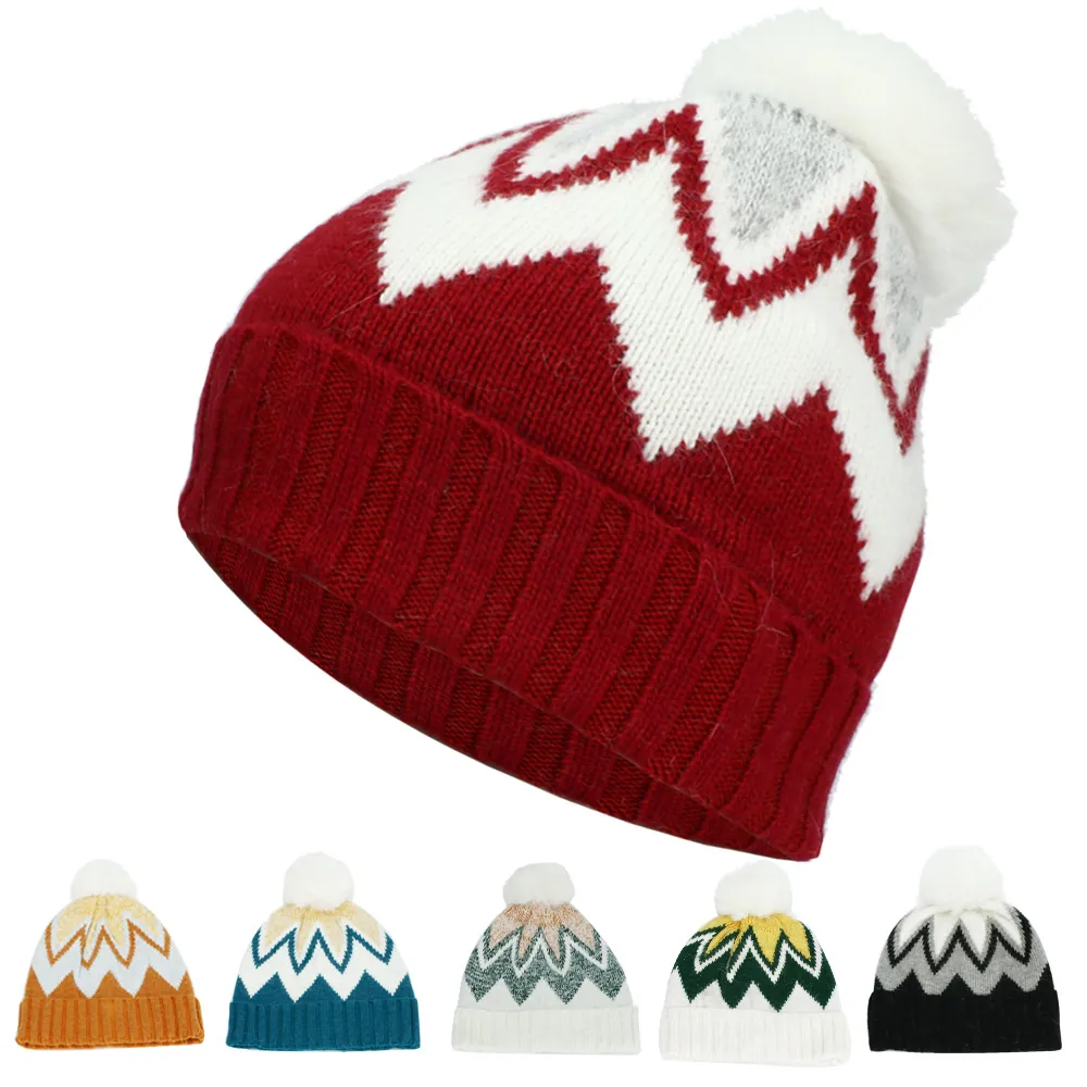 Bonnet En Tricot D'Hiver Pour Femmes Avec Pompon En Fausse Fourrure Blanche Motif Zigzag Vague Chaud Épais Rayé Acrylique