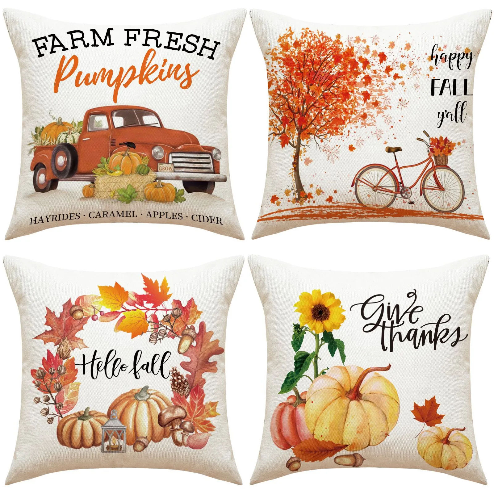 Federe Per Cuscini Autunno Ringraziamento Lino Zucca Foglia Acero Camion Rosso Girasole Decorativo Quadrato Divano