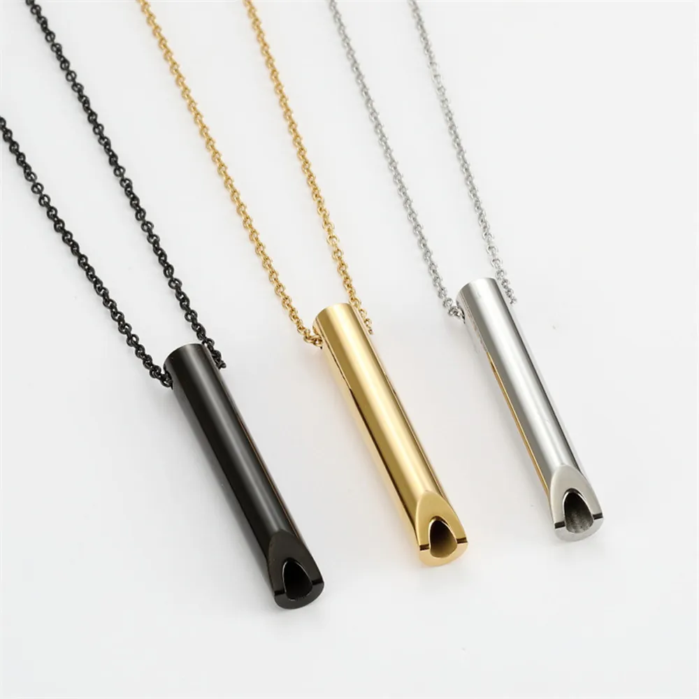 Collier Pendentif Sifflet Méditation Pleine Conscience Acier Inoxydable Outil Respiration Anti-Stress Bijoux Cylindriques Unisexe