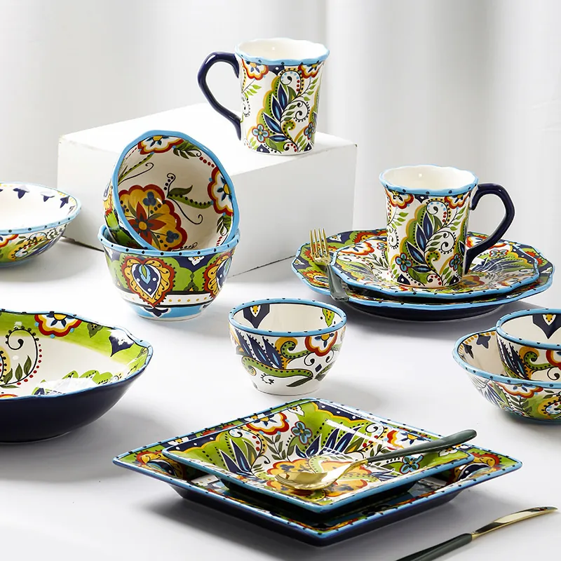Bohemian Ceramic Dinnerware Hand Painted Floral Underglaze Tableware For Home Kitchen Microwave Dishwasher Safe