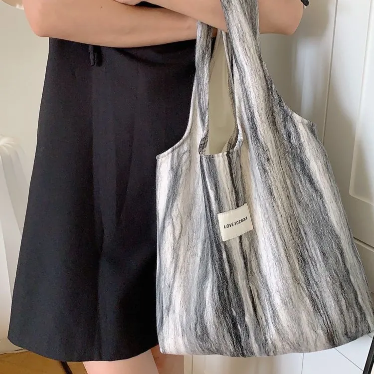Sac Fourre-Tout Grande Capacité Pour Femmes Rayé En Laine Sac À Main Décontracté Doublure En Popeline
