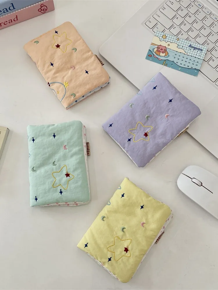 Passport Holder Quilted Cotton Fabric Star Moon Embroidery Travel Document Card Organizer Storage Bag Kawaii Ins Style