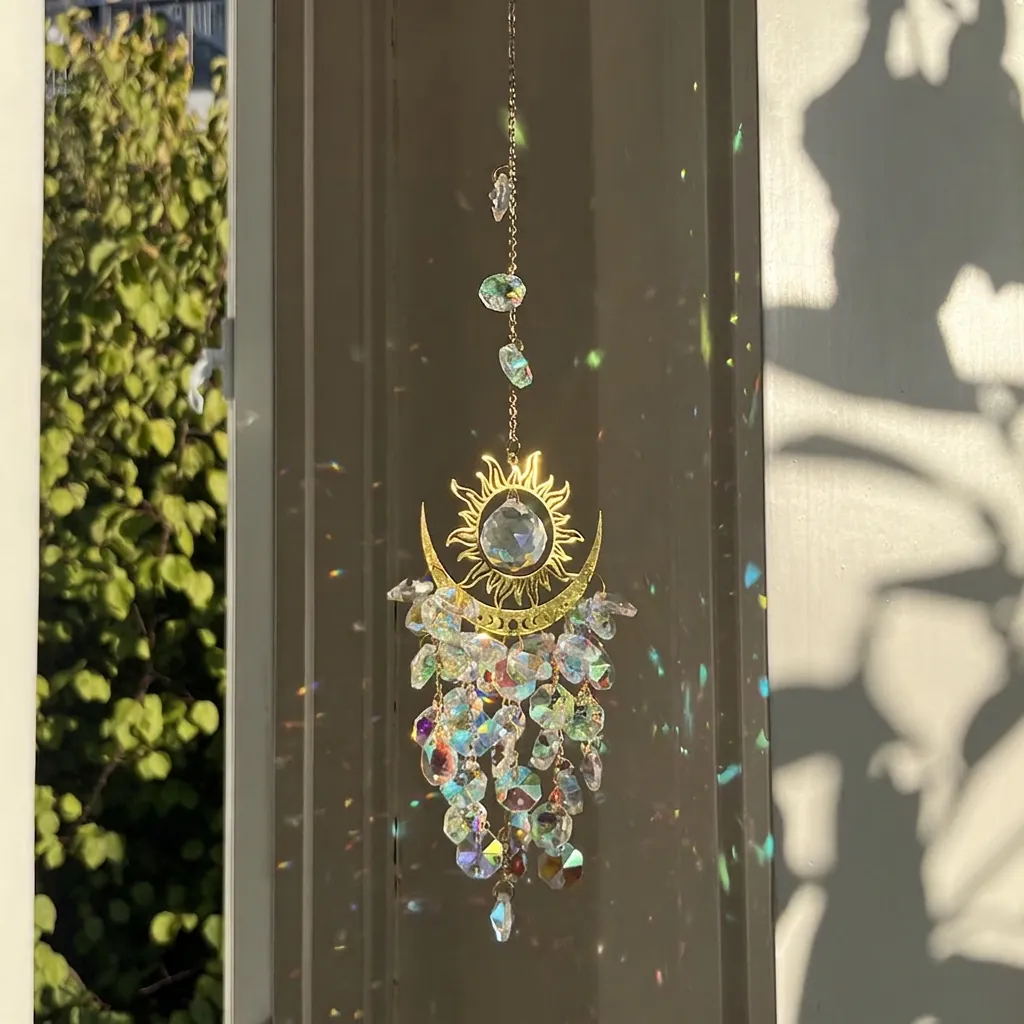 Crystal Suncatcher Sun Moon Pendant Gold Metal Prism Rainbow Maker Window Garden Hanging Ornament Handmade Gift