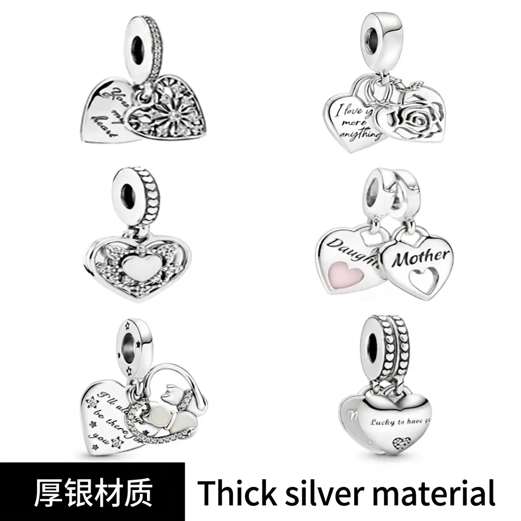Double Heart Dangle Charm Beads Cupronickel Silver Tone Cat Snowflake Engraved Pendant Jewelry Accessories For Bracelet