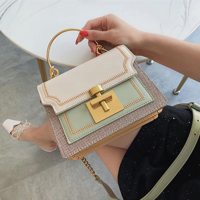 Women Fashion Color Block Shoulder Bag With Metal Handle PU Leather Woven Patchwork Chain Crossbody Small Square Handbag